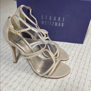 Stuart Weitzman Gold Strappy Ankle‑Buckle Heels Size 9 NIB!
